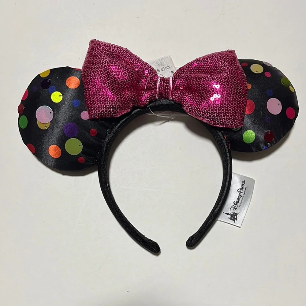 NWT Disney Parks Exclusive Sequin Polka Dot Pink Bow Minnie Mouse Ears Headband